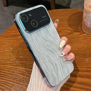 For iPhone 14 Plus Wood Grain Large Window Electroplated + Acrylic Phone Case(Blue)