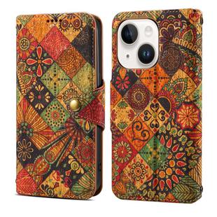 For iPhone 14 Plus Denior Flower Language Series Cork Fabric Oil Edge Leather Phone Case(Autumn)
