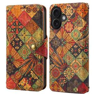 For iPhone 16 Plus Denior Flower Language Series Cork Fabric Oil Edge Leather Phone Case(Autumn)