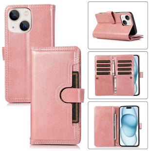 For iPhone 15 Plus Wristband Card Slot Leather Phone Case(Rose Gold)