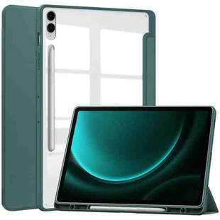 For Samsung Galaxy Tab S9 FE+ / S10+ Acrylic 3-folding Smart Leather Tablet Case with Pen Slot(Dark Green)