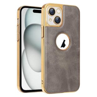 For iPhone 15 Electroplated Leather Texture PU + PC Phone Case(Grey)