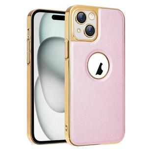 For iPhone 15 Electroplated Leather Texture PU + PC Phone Case(Pink)