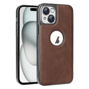 For iPhone 15 Electroplated Leather Texture PU + PC Phone Case(Brown)