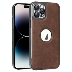 For iPhone 14 Pro Electroplated Leather Texture PU + PC Phone Case(Brown)
