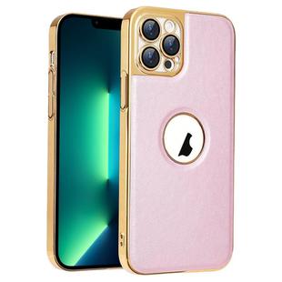 For iPhone 13 Pro Max Electroplated Leather Texture PU + PC Phone Case(Pink)
