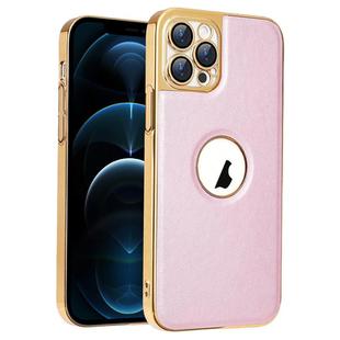 For iPhone 12 Pro Max Electroplated Leather Texture PU + PC Phone Case(Pink)