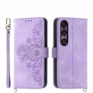 For Sony Xperia 1 VII Skin-feel Flowers Embossed Wallet Leather Phone Case(Purple)