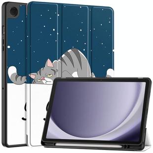 For Samsung Galaxy Tab A9+ Painted 3-folding Holder TPU Smart Leather Tablet Case(Lazy Cat)