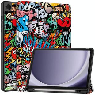 For Samsung Galaxy Tab A9+ Painted 3-folding Holder TPU Smart Leather Tablet Case(Graffiti)