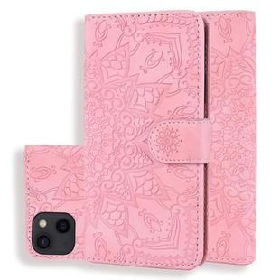 For iPhone 15 Mandala Embossed Dual-Fold Calf Leather Phone Case(Pink)