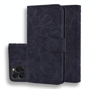 For iPhone 15 Pro Mandala Embossed Dual-Fold Calf Leather Phone Case(Black)