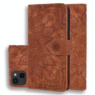 For iPhone 15 Plus Mandala Embossed Dual-Fold Calf Leather Phone Case(Brown)