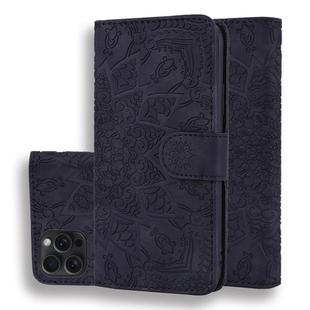 For iPhone 15 Pro Max Mandala Embossed Dual-Fold Calf Leather Phone Case(Black)