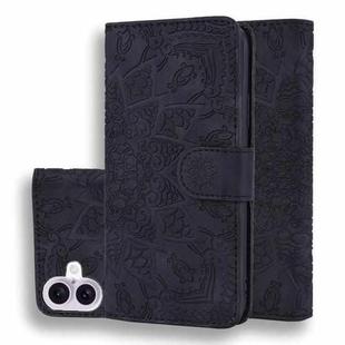 For iPhone 16 Plus Mandala Embossed Dual-Fold Calf Leather Phone Case(Black)