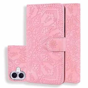 For iPhone 16 Plus Mandala Embossed Dual-Fold Calf Leather Phone Case(Pink)