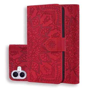 For iPhone 16 Mandala Embossed Dual-Fold Calf Leather Phone Case(Red)