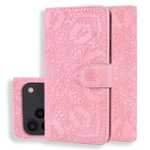 For iPhone 17 Pro Max Mandala Embossed Dual-Fold Calf Leather Phone Case(Pink)