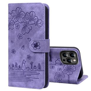 For iPhone 15 Pro Cartoon Sakura Cat Embossed Leather Phone Case(Purple)