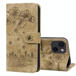 For iPhone 15 Plus Cartoon Sakura Cat Embossed Leather Phone Case(Brown)