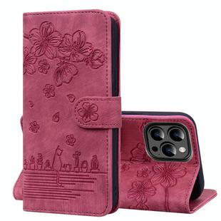 For iPhone 14 Pro Cartoon Sakura Cat Embossed Leather Phone Case(Wine Red)