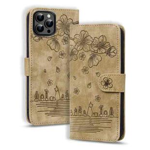 For iPhone 16 Pro Max Cartoon Sakura Cat Embossed Leather Phone Case(Brown)