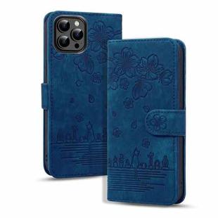 For iPhone 16 Pro Max Cartoon Sakura Cat Embossed Leather Phone Case(Royal Blue)