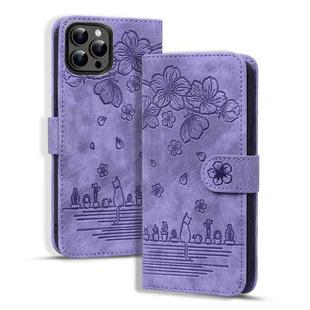 For iPhone 16 Pro Max Cartoon Sakura Cat Embossed Leather Phone Case(Purple)