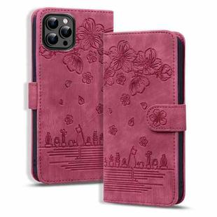 For iPhone 16 Pro Max Cartoon Sakura Cat Embossed Leather Phone Case(Wine Red)