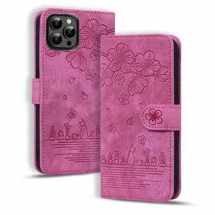 For iPhone 16 Pro Cartoon Sakura Cat Embossed Leather Phone Case(Rose Red)