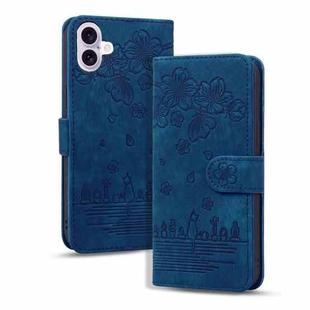 For iPhone 16 Plus Cartoon Sakura Cat Embossed Leather Phone Case(Royal Blue)