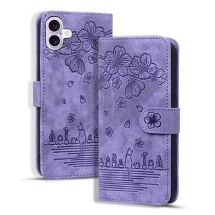 For iPhone 16 Plus Cartoon Sakura Cat Embossed Leather Phone Case(Purple)