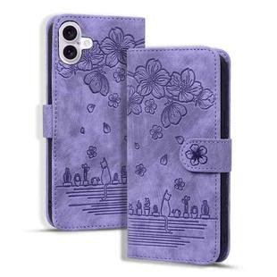 For iPhone 16 Cartoon Sakura Cat Embossed Leather Phone Case(Purple)