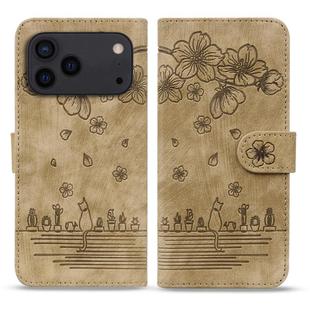 For iPhone 17 Pro Cartoon Sakura Cat Embossed Leather Phone Case(Brown)