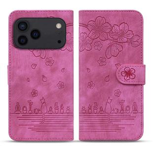 For iPhone 17 Pro Max Cartoon Sakura Cat Embossed Leather Phone Case(Rose Red)