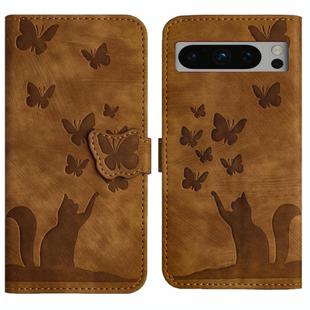 For Google Pixel 8 Pro Butterfly Cat Embossing Flip Leather Phone Case(Brown)