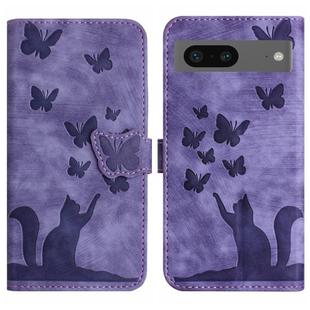 For Google Pixel 8 Butterfly Cat Embossing Flip Leather Phone Case(Purple)