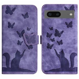 For Google Pixel 7 Butterfly Cat Embossing Flip Leather Phone Case(Purple)