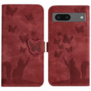 For Google Pixel 7 Butterfly Cat Embossing Flip Leather Phone Case(Red)