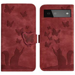 For Google Pixel 6 Butterfly Cat Embossing Flip Leather Phone Case(Red)