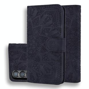 For Samsung Galaxy Z Fold4 Mandala Embossed Dual-Fold Calf Leather Phone Case(Black)
