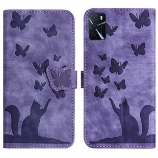 For OPPO A16/A16S/A54S/A53S/A55 Butterfly Cat Embossing Flip Leather Phone Case(Purple)