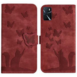 For OPPO A16/A16S/A54S/A53S/A55 Butterfly Cat Embossing Flip Leather Phone Case(Red)