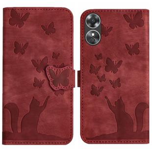 For OPPO A17 4G Butterfly Cat Embossing Flip Leather Phone Case(Red)
