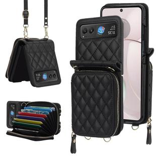 For Motorola Razr 40 Rhombic Texture Card Bag Phone Case with Dual Lanyard(Black)