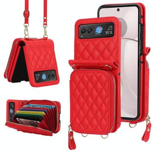 For Motorola Razr 40 Rhombic Texture Card Bag Phone Case with Dual Lanyard(Red)