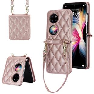 For Huawei P50 Pocket Rhombic Texture Card Bag Phone Case with Dual Lanyard(Rose Gold)