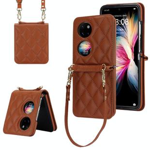 For Huawei P50 Pocket Rhombic Texture Card Bag Phone Case with Dual Lanyard(Brown)
