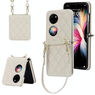 For Huawei P50 Pocket Rhombic Texture Card Bag Phone Case with Dual Lanyard(White)