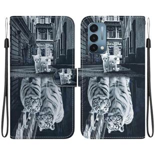 For OnePlus Nord N200 5G Crystal Texture Colored Drawing Leather Phone Case(Cat Tiger Reflection)